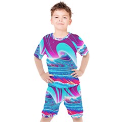 Tsunami Waves Ocean Sea Nautical Nature Water 3 Kids  Tee And Shorts Set by Jancukart