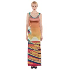 Waves Ocean Sea Tsunami Nautical 6 Thigh Split Maxi Dress