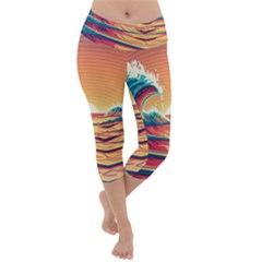 Waves Ocean Sea Tsunami Nautical 6 Lightweight Velour Capri Yoga Leggings by Jancukart