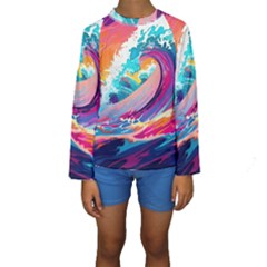 Tsunami Waves Ocean Sea Nautical Nature Water 2 Kids  Long Sleeve Swimwear by Jancukart