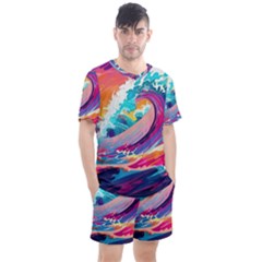 Tsunami Waves Ocean Sea Nautical Nature Water 2 Men s Mesh Tee And Shorts Set