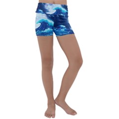 Waves Ocean Sea Tsunami Nautical 7 Kids  Lightweight Velour Yoga Shorts by Jancukart