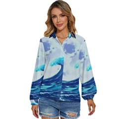 Waves Ocean Sea Tsunami Nautical 7 Women s Long Sleeve Button Down Shirt