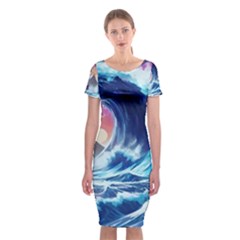 Storm Tsunami Waves Ocean Sea Nautical Nature Classic Short Sleeve Midi Dress by Jancukart