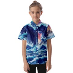 Storm Tsunami Waves Ocean Sea Nautical Nature Kids  Short Sleeve Shirt by Jancukart
