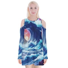Storm Tsunami Waves Ocean Sea Nautical Nature Velvet Long Sleeve Shoulder Cutout Dress