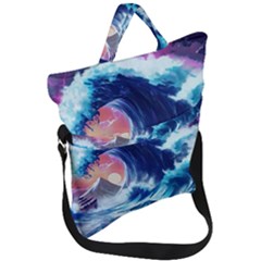 Storm Tsunami Waves Ocean Sea Nautical Nature Fold Over Handle Tote Bag by Jancukart