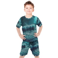 Waves Ocean Sea Tsunami Nautical 2 Kids  Tee And Shorts Set by Jancukart