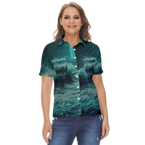 Waves Ocean Sea Tsunami Nautical 2 Women s Short Sleeve Double Pocket Shirt by Jancukart