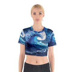 Tsunami Waves Ocean Sea Nautical Nature Water Moon Cotton Crop Top by Jancukart