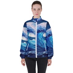 Tsunami Waves Ocean Sea Nautical Nature Water Moon Women s High Neck Windbreaker by Jancukart