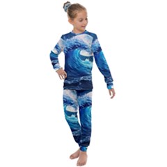 Tsunami Waves Ocean Sea Nautical Nature Water Moon Kids  Long Sleeve Set 