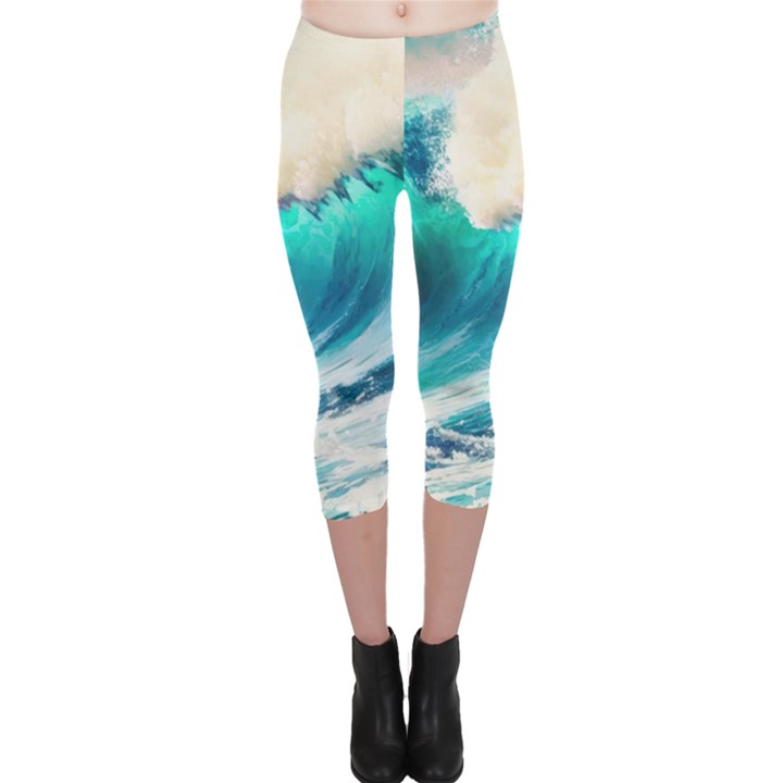 Tsunami Waves Ocean Sea Nautical Nature Water Art Ai Generated Capri Leggings 