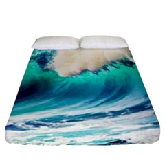 Tsunami Waves Ocean Sea Nautical Nature Water Art Ai Generated Fitted Sheet (california King Size) by Jancukart