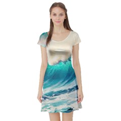 Tsunami Waves Ocean Sea Nautical Nature Water Art Ai Generated Short Sleeve Skater Dress by Jancukart