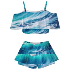 Tsunami Waves Ocean Sea Nautical Nature Water Art Ai Generated Kids  Off Shoulder Skirt Bikini by Jancukart