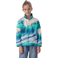 Tsunami Waves Ocean Sea Nautical Nature Water Art Ai Generated Kids  Half Zip Hoodie by Jancukart