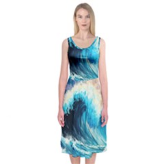 Tsunami Waves Ocean Sea Nautical Nature Water Arts Midi Sleeveless Dress by Jancukart