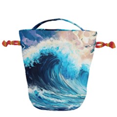 Tsunami Waves Ocean Sea Nautical Nature Water Arts Drawstring Bucket Bag by Jancukart