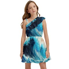 Tsunami Waves Ocean Sea Nautical Nature Water Arts Kids  One Shoulder Party Dress by Jancukart