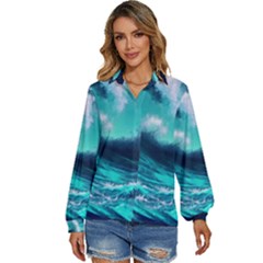 Tsunami Tidal Wave Ocean Waves Sea Nature Water Women s Long Sleeve Button Down Shirt