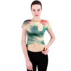 Storm Tsunami Waves Ocean Sea Nautical Nature 2 Crew Neck Crop Top