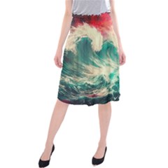 Storm Tsunami Waves Ocean Sea Nautical Nature 2 Midi Beach Skirt by Jancukart