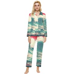 Storm Tsunami Waves Ocean Sea Nautical Nature 2 Womens  Long Sleeve Velvet Pocket Pajamas Set