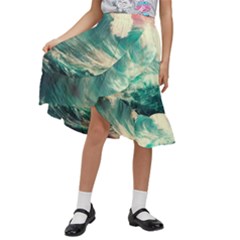 Storm Tsunami Waves Ocean Sea Nautical Nature 2 Kids  Ruffle Flared Wrap Midi Skirt by Jancukart