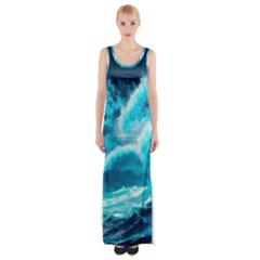 Waves Ocean Sea Tsunami Nautical 3 Thigh Split Maxi Dress