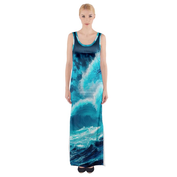 Waves Ocean Sea Tsunami Nautical 3 Thigh Split Maxi Dress