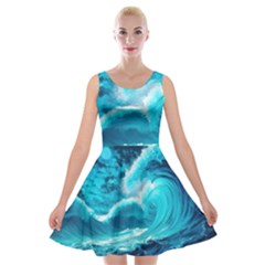 Waves Ocean Sea Tsunami Nautical 3 Velvet Skater Dress by Jancukart