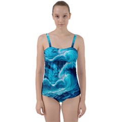 Waves Ocean Sea Tsunami Nautical 3 Twist Front Tankini Set by Jancukart