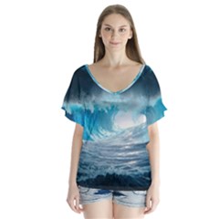 Thunderstorm Storm Tsunami Waves Ocean Sea V-neck Flutter Sleeve Top by Jancukart