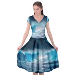 Thunderstorm Storm Tsunami Waves Ocean Sea Cap Sleeve Wrap Front Dress by Jancukart