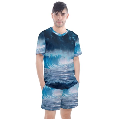 Thunderstorm Storm Tsunami Waves Ocean Sea Men s Mesh Tee And Shorts Set by Jancukart