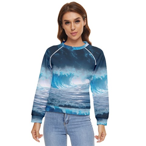 Thunderstorm Storm Tsunami Waves Ocean Sea Women s Long Sleeve Raglan Tee by Jancukart