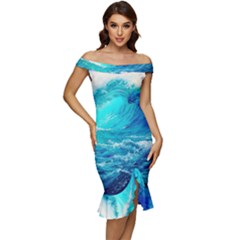 Tsunami Waves Ocean Sea Nautical Nature Water Nature Off Shoulder Ruffle Split Hem Bodycon Dress