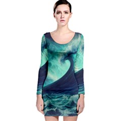 Waves Ocean Sea Tsunami Nautical Long Sleeve Bodycon Dress by Jancukart