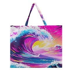 Tsunami Waves Ocean Sea Nautical Nature Water Blue Water Zipper Large Tote Bag