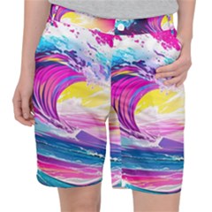 Tsunami Waves Ocean Sea Nautical Nature Water Blue Water Women s Pocket Shorts by Jancukart