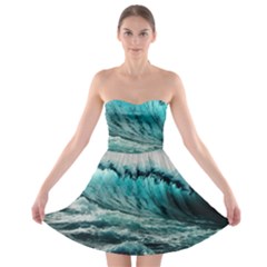 Tsunami Waves Ocean Sea Nautical Nature Water Blue Black Strapless Bra Top Dress by Jancukart