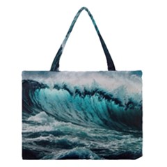 Tsunami Waves Ocean Sea Nautical Nature Water Blue Black Medium Tote Bag by Jancukart