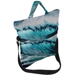 Tsunami Waves Ocean Sea Nautical Nature Water Blue Black Fold Over Handle Tote Bag by Jancukart