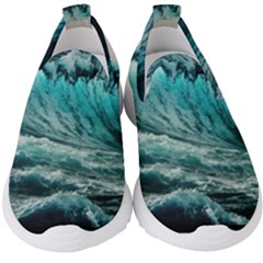 Tsunami Waves Ocean Sea Nautical Nature Water Blue Black Kids  Slip On Sneakers by Jancukart