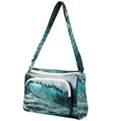 Tsunami Waves Ocean Sea Nautical Nature Water Blue Black Front Pocket Crossbody Bag by Jancukart