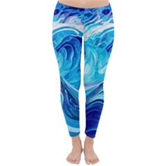 Tsunami Waves Ocean Sea Nautical Nature Abstract Blue Water Classic Winter Leggings by Jancukart