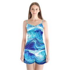 Tsunami Waves Ocean Sea Nautical Nature Abstract Blue Water Satin Pajamas Set by Jancukart