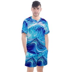 Tsunami Waves Ocean Sea Nautical Nature Abstract Blue Water Men s Mesh Tee And Shorts Set