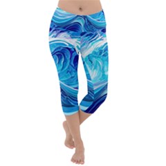 Tsunami Waves Ocean Sea Nautical Nature Abstract Blue Water Lightweight Velour Capri Yoga Leggings by Jancukart